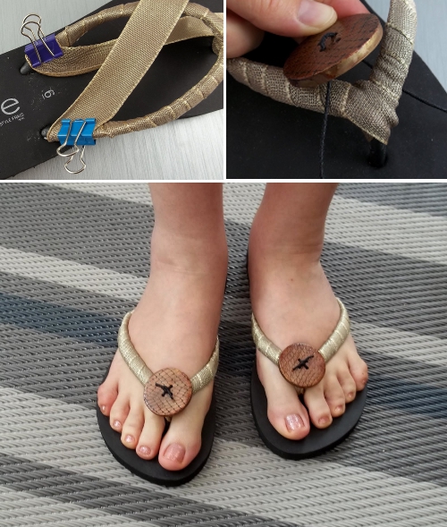 Una de las chanclas personalizada con cinta y botón Tutorial para personalizar chanclas de playa